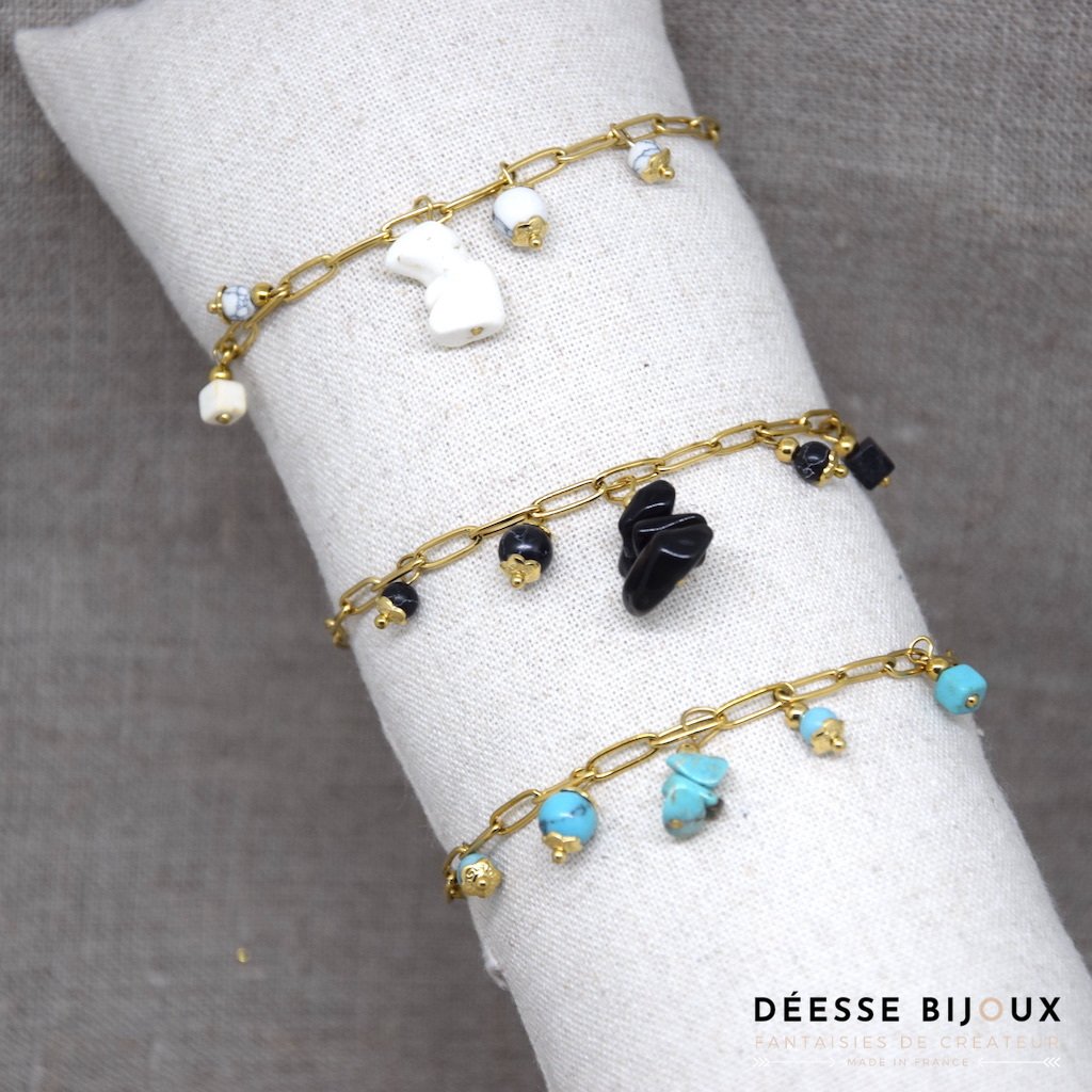 Bracelet chaine avec pierre noir, bleu ou blanc - Deessebijoux